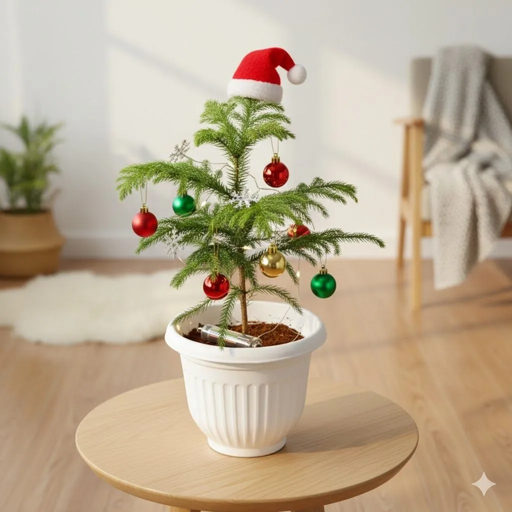 Araucaria / Christmas Tree (~ 1 Ft) in 8 Inch White Olive Plastic Pot
