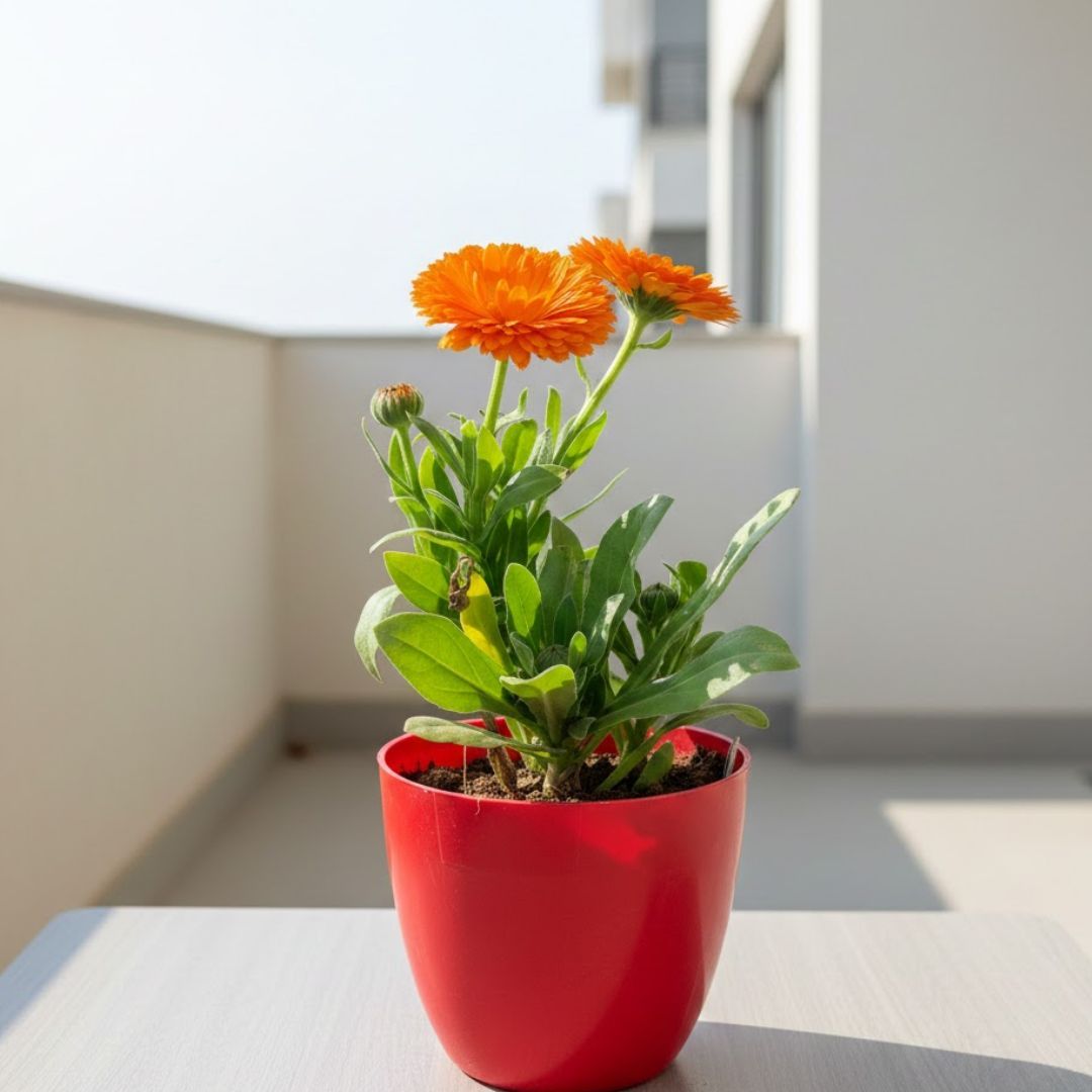 Calendula (any colour) in 4 Inch Red Premium Orchid Round Plastic Pot