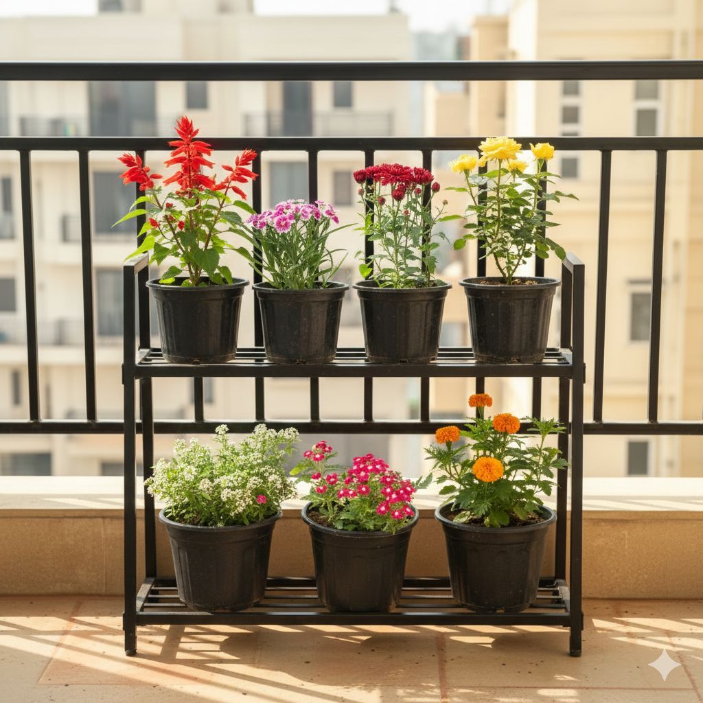 Balcony Bloom Box: A Season of Color - Set of 7 - Salvia, Dianthus, Chrysanthemum, Dahlia, Alyssum, Verbena & Marigold in 6 Inch Black Super Nursery Pot