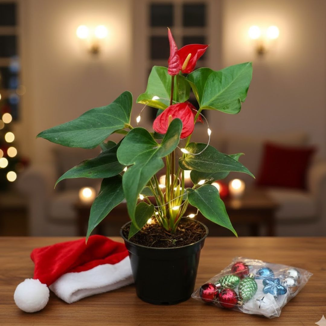 Rare Anthurium Red in 5 Inch Nursery Pot -Xmas Decor Special with Festive Goodies