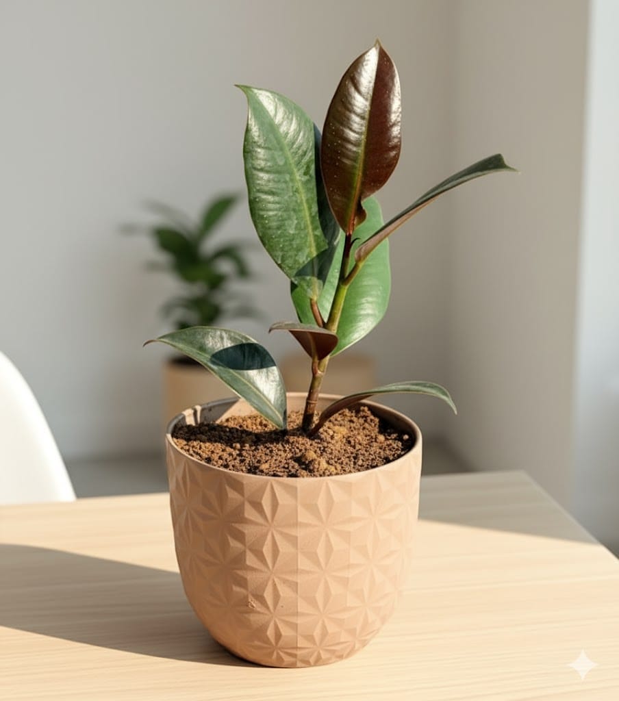 Gift Ready - Rubber in 4 Inch Mocha Leafora Premium Plastic Planter - with Gift Bag