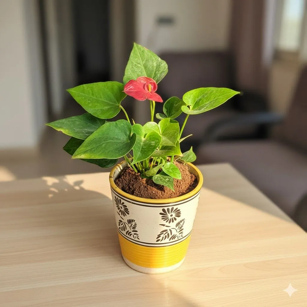 Anthurium in 5 Inch Yellow Black Flower Designer Balti Shaped Ceramic Pot
