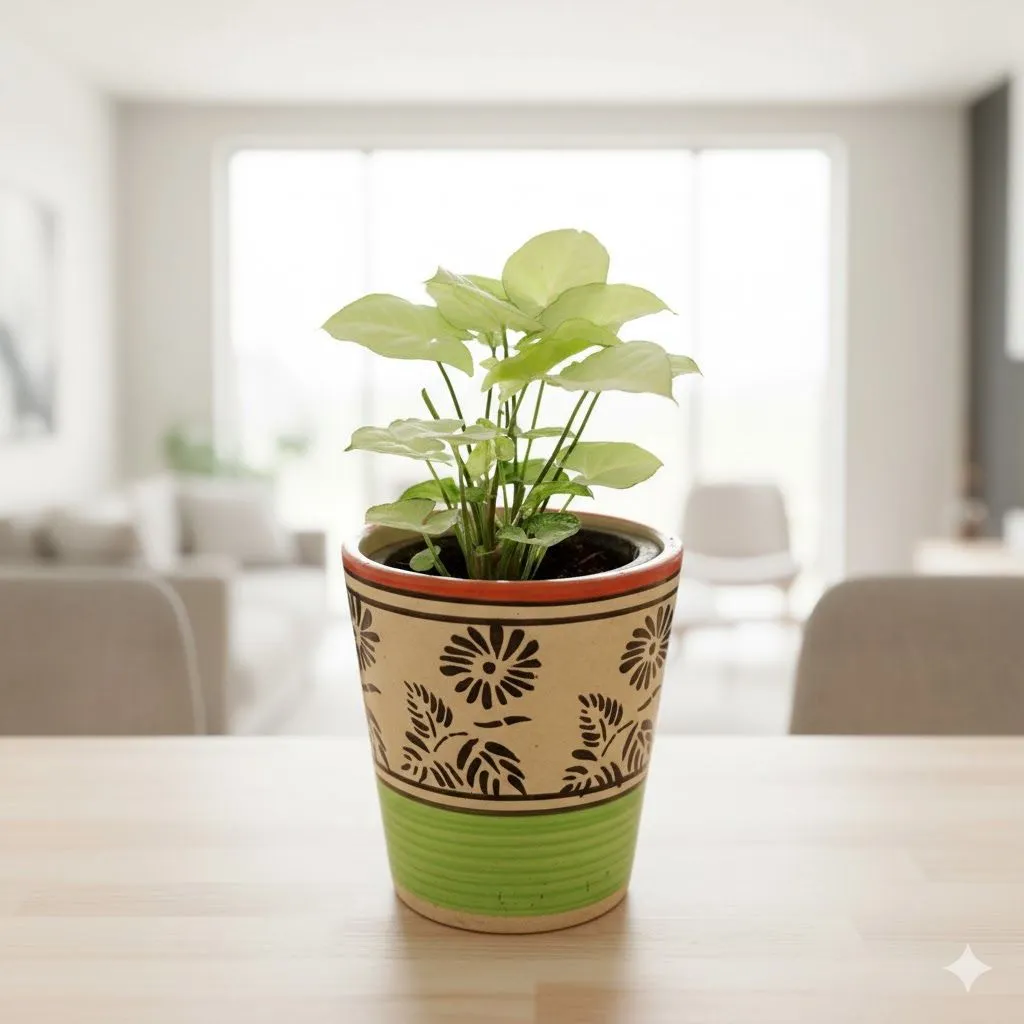 Syngonium Golden in 5 Inch Green Black Flower Designer Balti Shaped Ceramic Pot