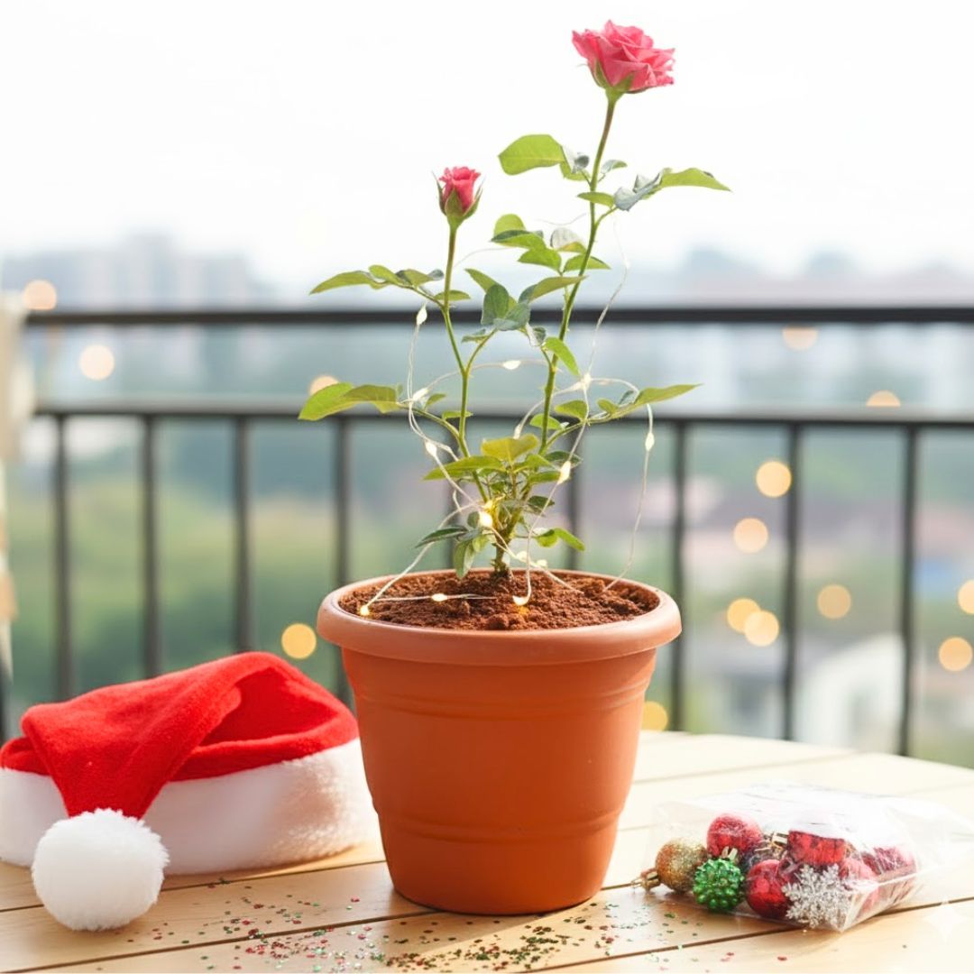 Rose / Gulab Pink in 7 Inch Classy Red Plastic Pot