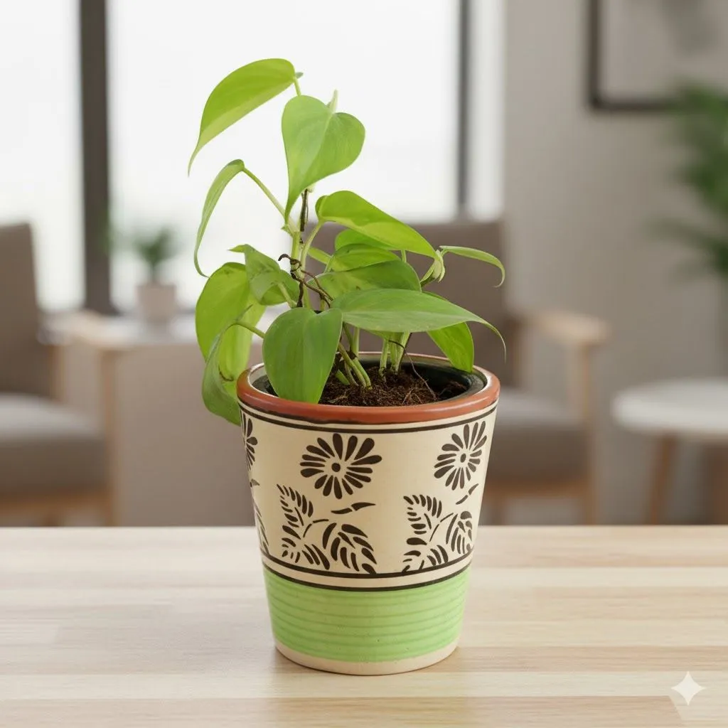 Money Plant Green in 5 Inch Green Black Flower Designer Balti Shaped Ceramic Pot