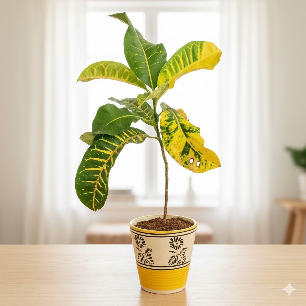 Croton Petra Yellow in 5 Inch Yellow Black Flower Designer Balti Shaped Ceramic Pot