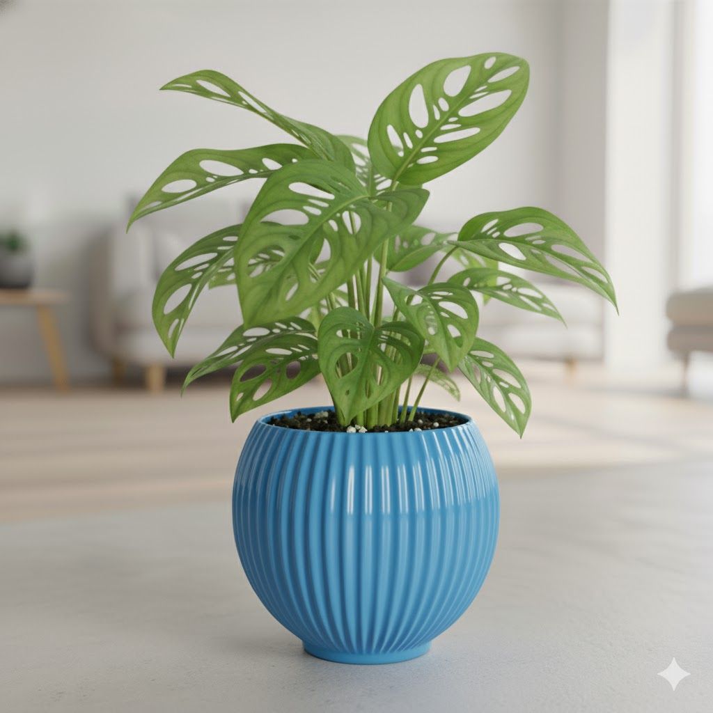 Monstera Broken Heart in 5 Inch Azure Blue Matt Sylvan Plastic Pot