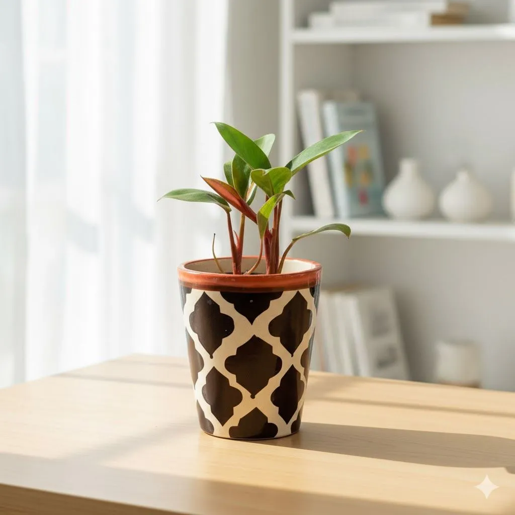 Philodendron Red in 5 Inch Black Moroccan Designer Balti Shaped Ceramic Pot