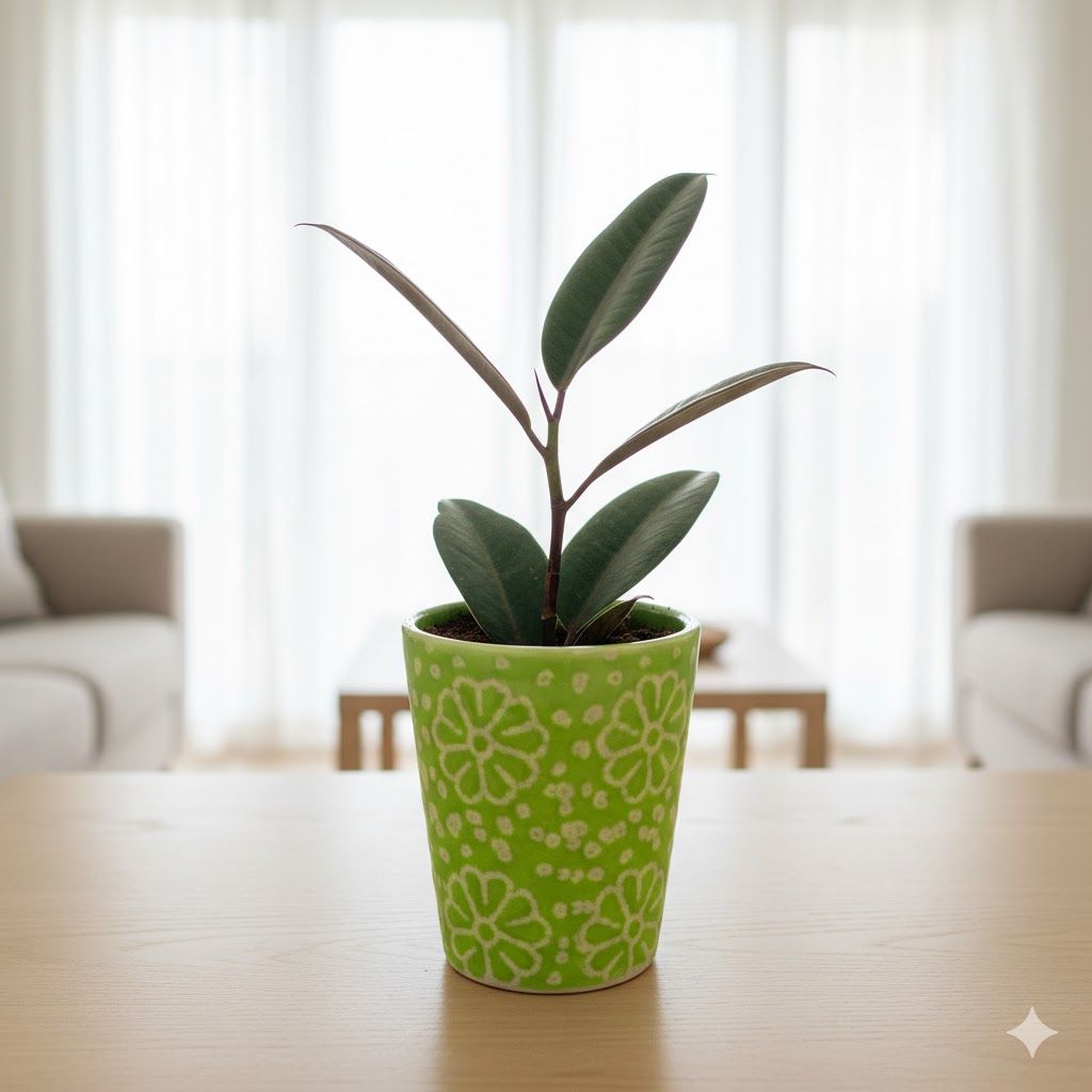 Rubber Black in 4 inch Green Floral Designer Taper Ceramic Pot