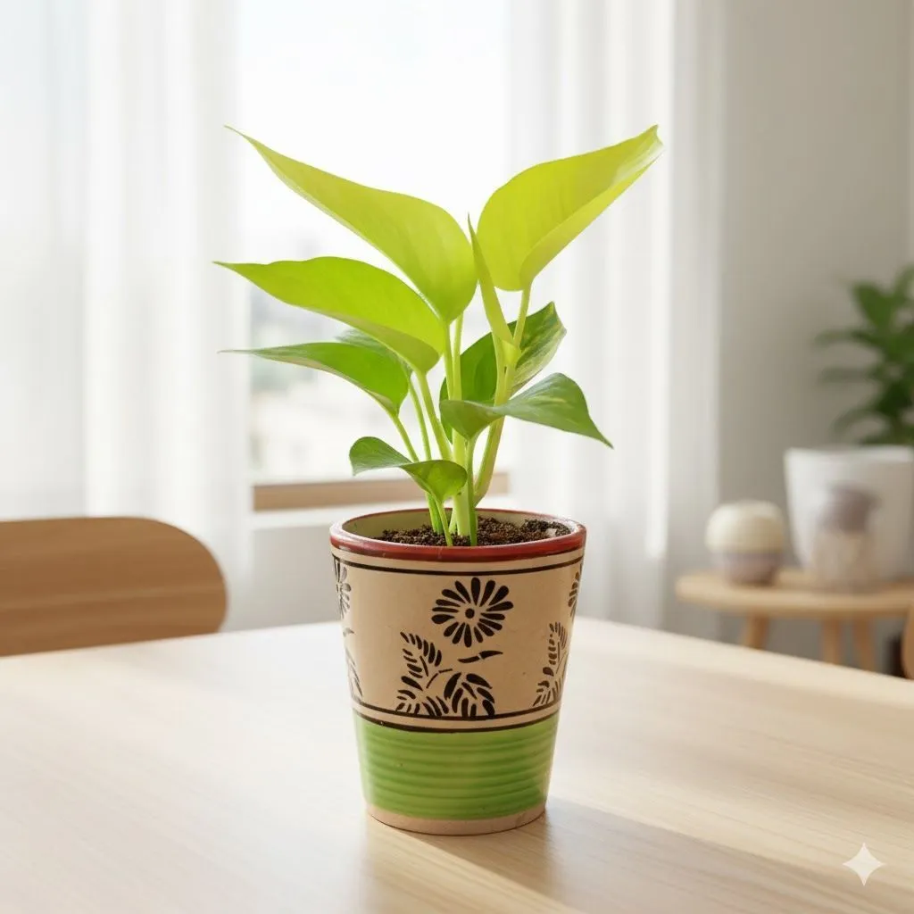Money Plant Golden in 5 Inch Green Black Flower Designer Balti Shaped Ceramic Pot