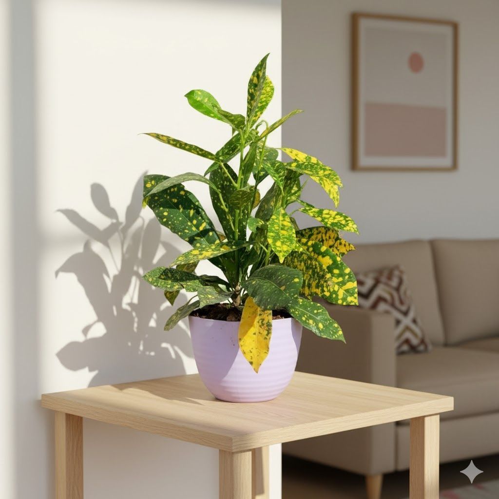 Baby Croton in 4 Inch Purple Avora Premium Plastic Planter