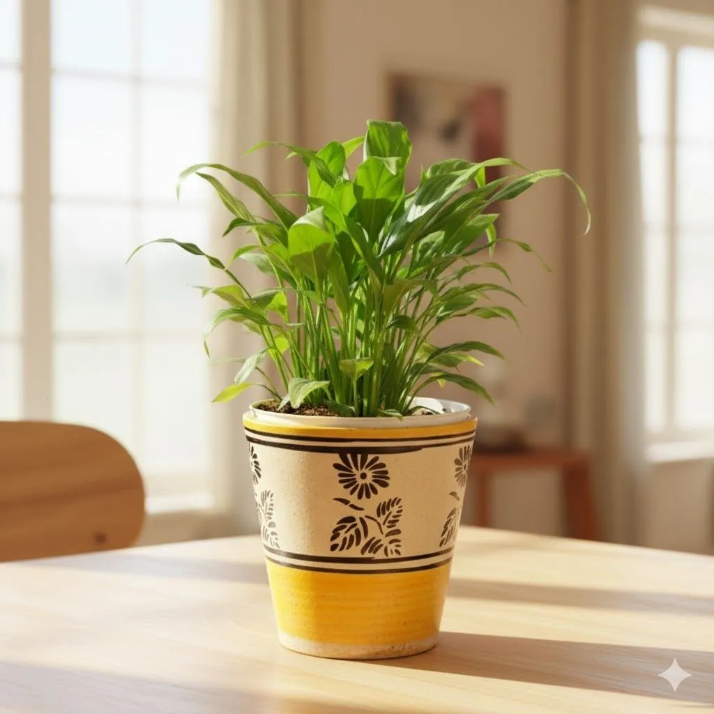 Peace Lily in 5 Inch Yellow Black Flower Designer Balti Shaped Ceramic Pot