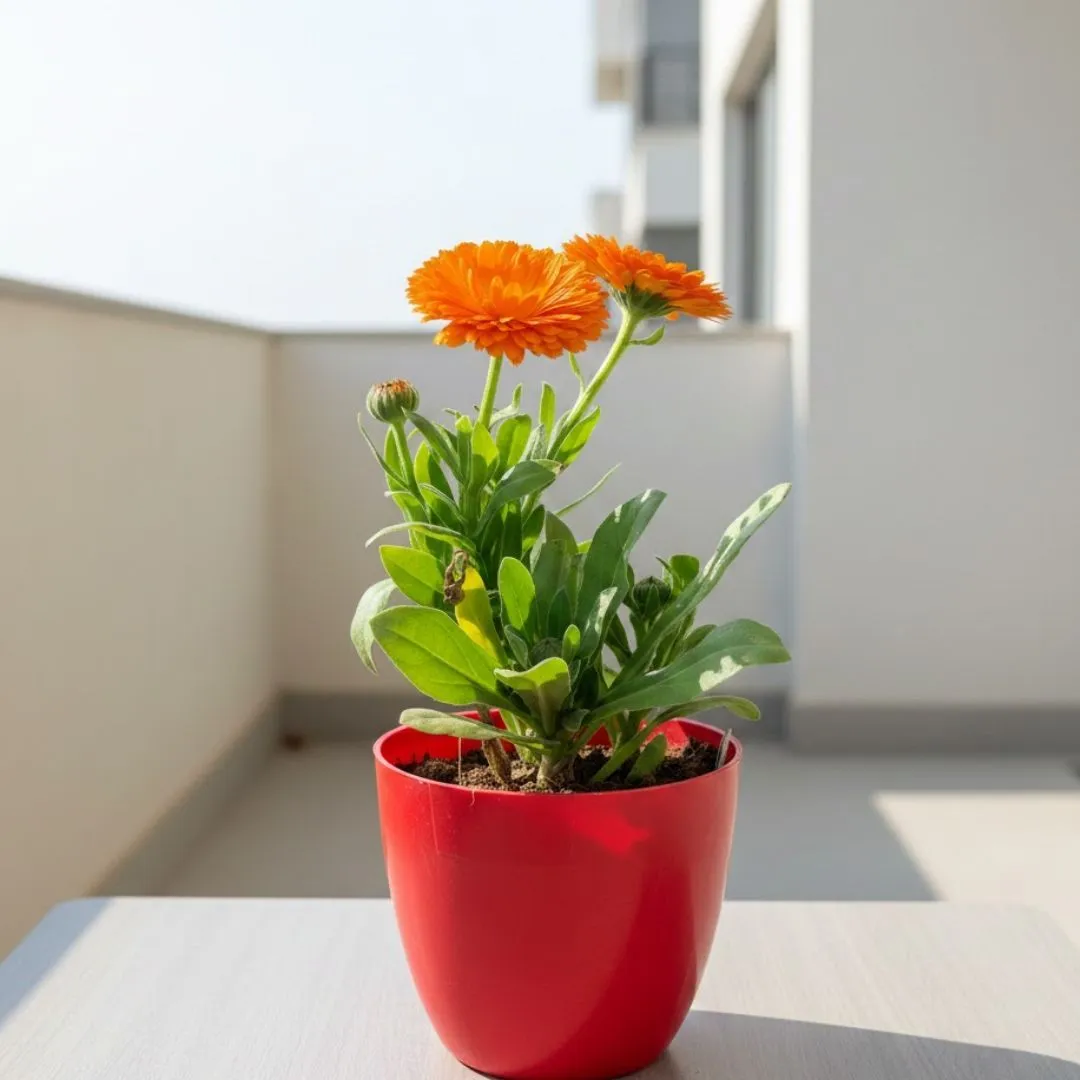 Calendula (any colour) in 4 Inch Red Premium Orchid Round Plastic Pot