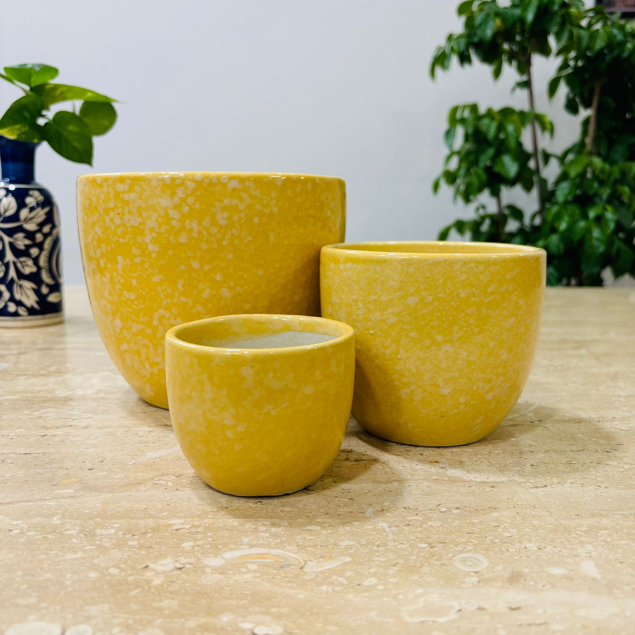 Set of 3 - 3,4 & 5.5 Inch Yellow Tribal Themed Handmade Taper Ceramic Pots - Minimalist Glossy Succulent Pots, Indoor Flower Pots for Home and Office Decor