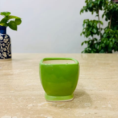 3 Inch Green Stylish Square Shaped Ceramic Pot - Minimalist Glossy Succulent Pot, Indoor Flower Pot for Home and Office D cor