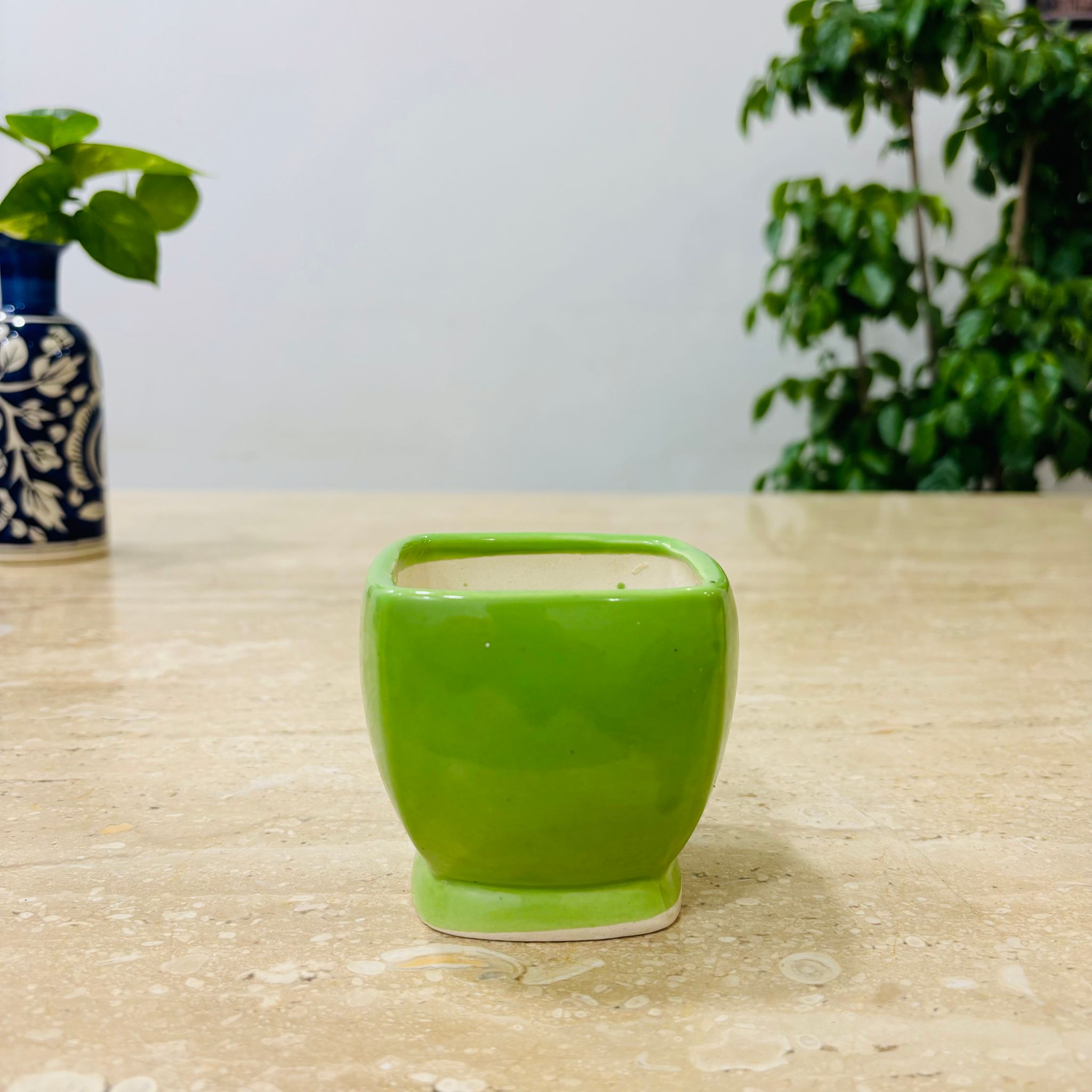 3 Inch Green Stylish Square Shaped Ceramic Pot - Minimalist Glossy Succulent Pot, Indoor Flower Pot for Home and Office D cor