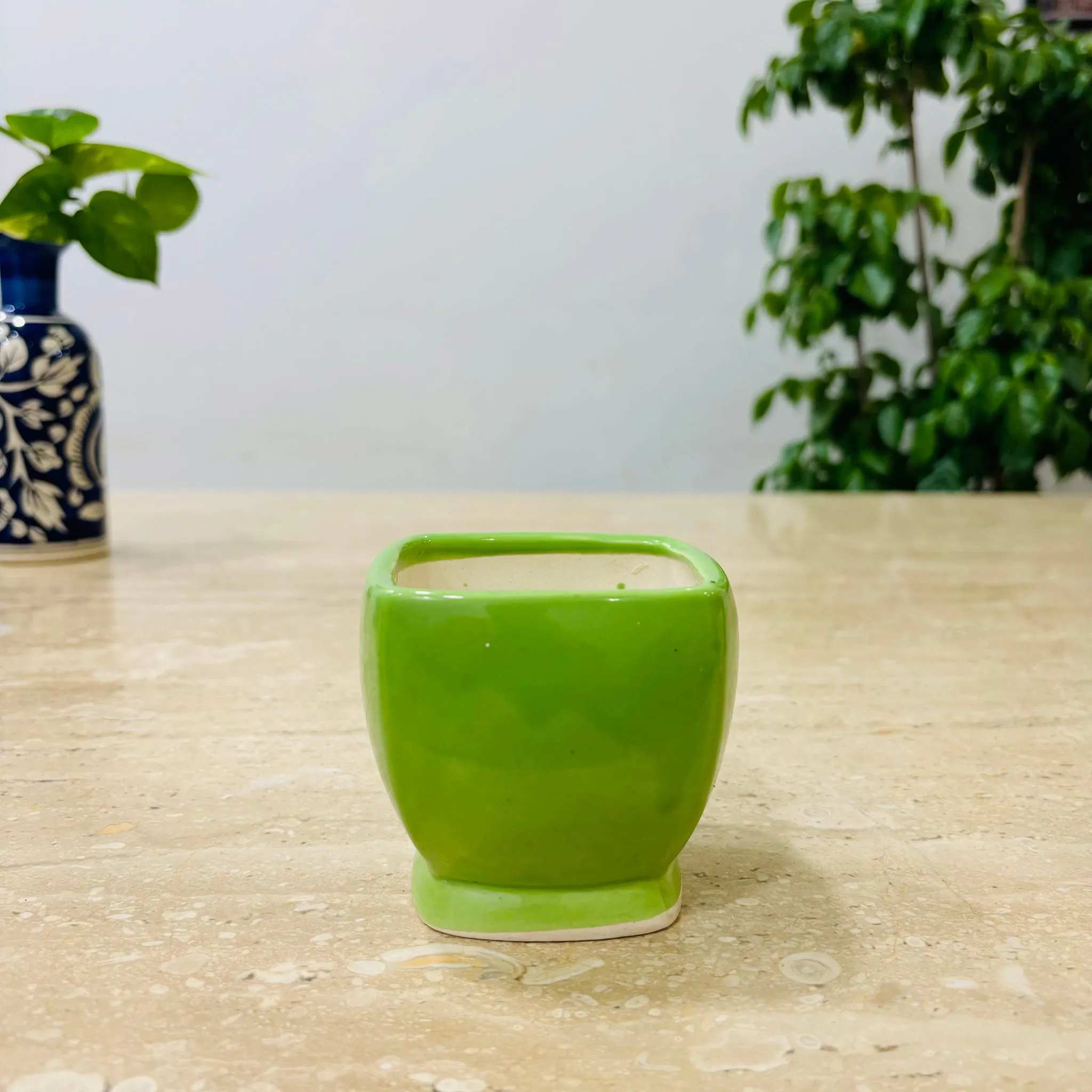 3 Inch Green Stylish Square Shaped Ceramic Pot - Minimalist Glossy Succulent Pot, Indoor Flower Pot for Home and Office D cor
