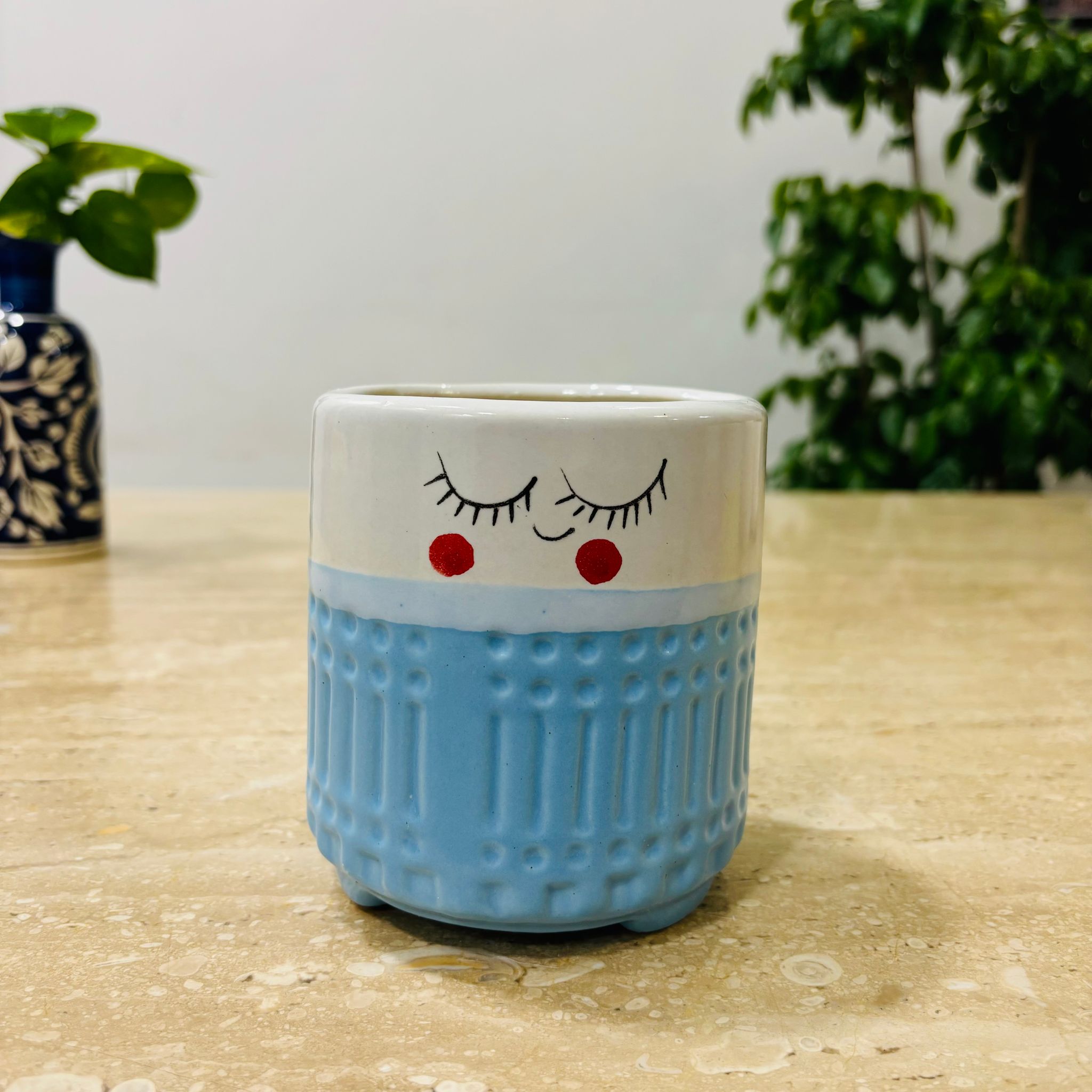 4 Inch Blue Cute Designer Smiley Faces Aesthetic Ceramic Pot - Minimalist Glossy Succulent Pot, Indoor Flower Pot for Home and Office D cor