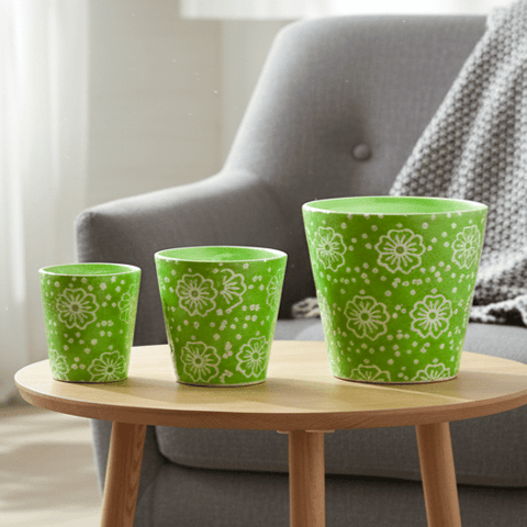 Set of 3 - (5.25, 6 & 7) Inch Green Floral Designer Taper Ceramic Pot