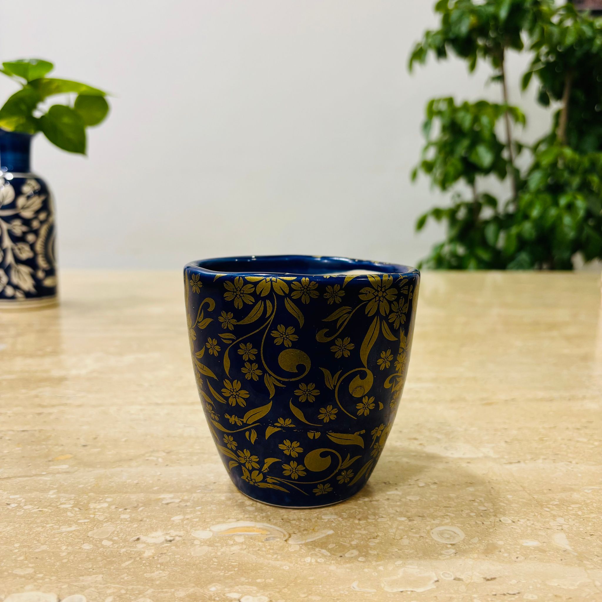 4 Inch Dark Blue Handcrafted Mughal Printed Cup Ceramic Pot- Gloss Finish Indoor Plant Pot