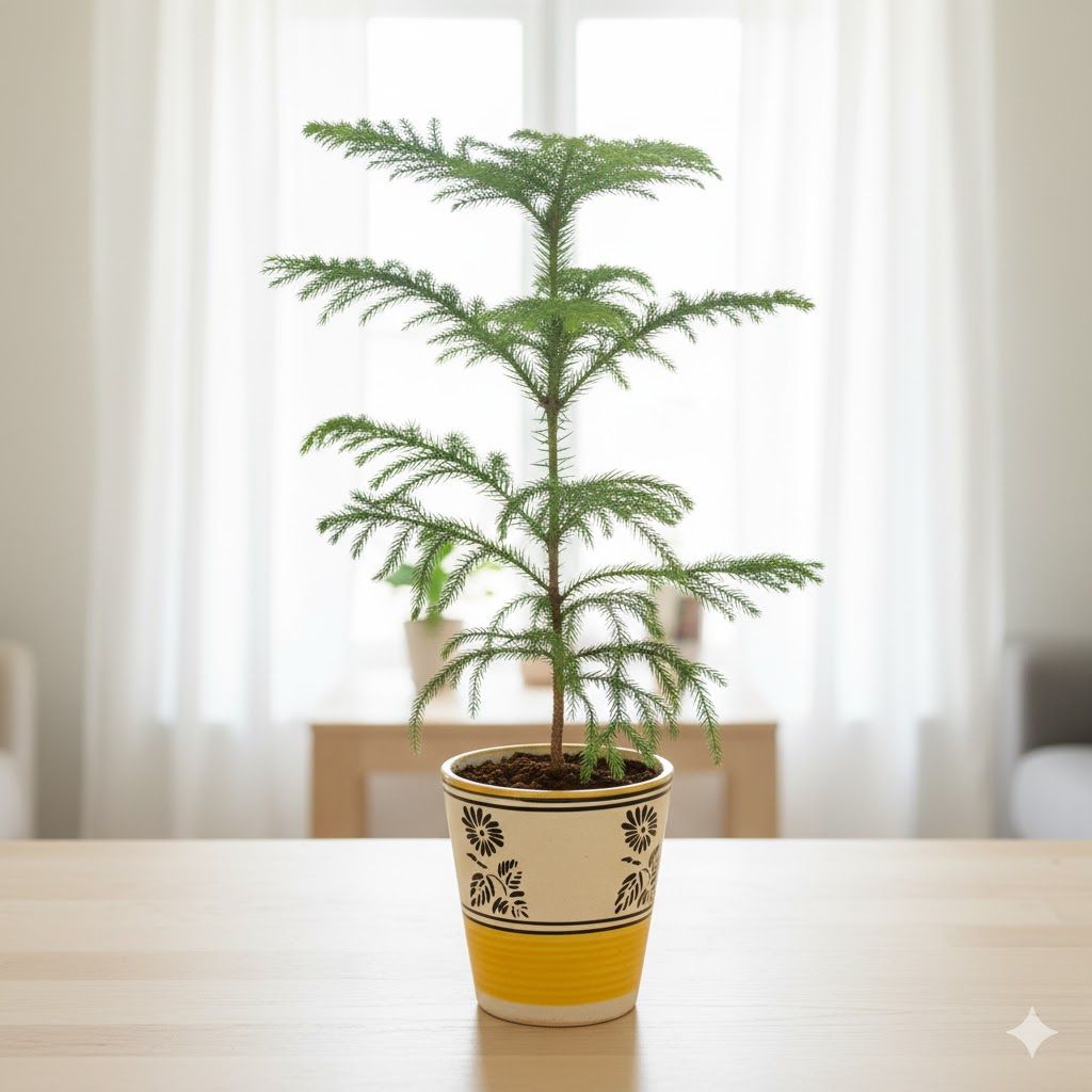 Araucaria / Christmas Tree in 7 inch Yellow Black Flower Designer Balti Shaped Ceramic Pot