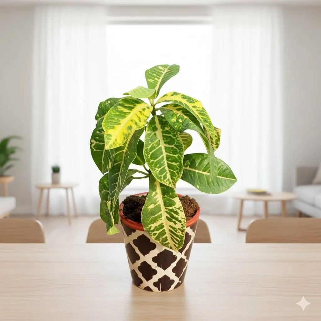 Croton Petra Yellow in 5 Inch Black Moroccan Designer Balti Shaped Ceramic Pot