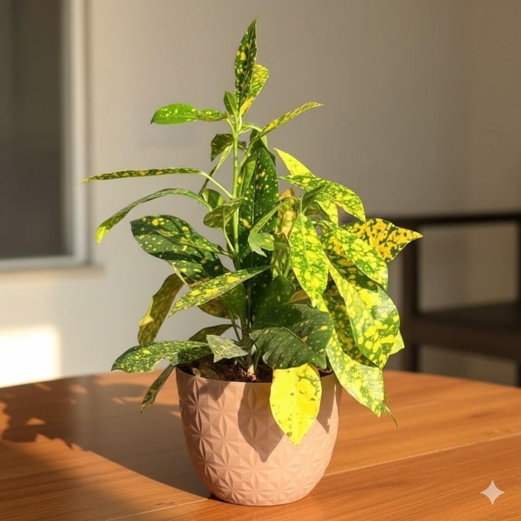 Gift Ready - Baby Croton in 4 Inch Mocha Leafora Premium Plastic Planter - with Gift Bag