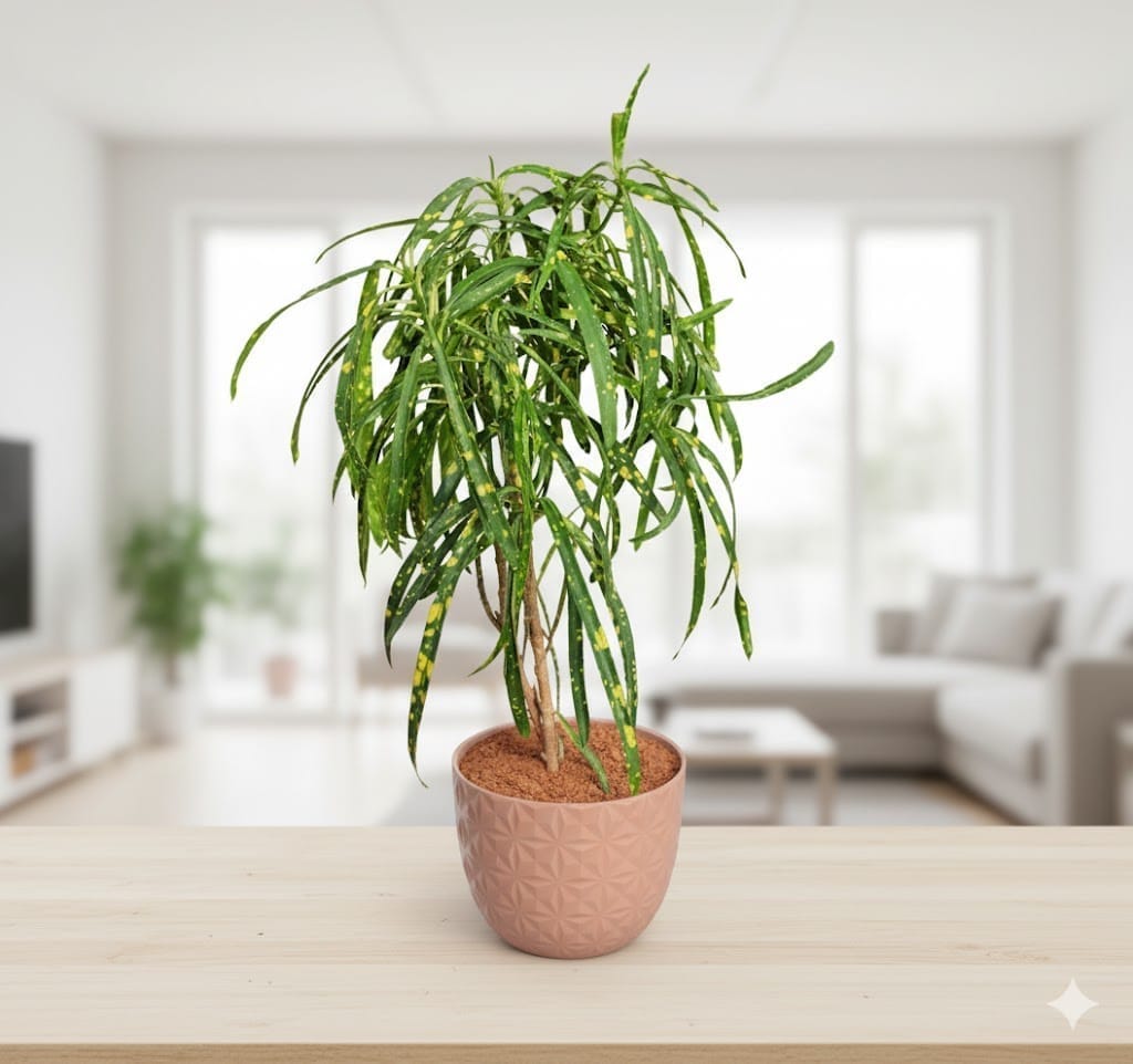 Gift Ready - Chironji Croton in 4 Inch Mocha Leafora Premium Plastic Planter - with Gift Bag