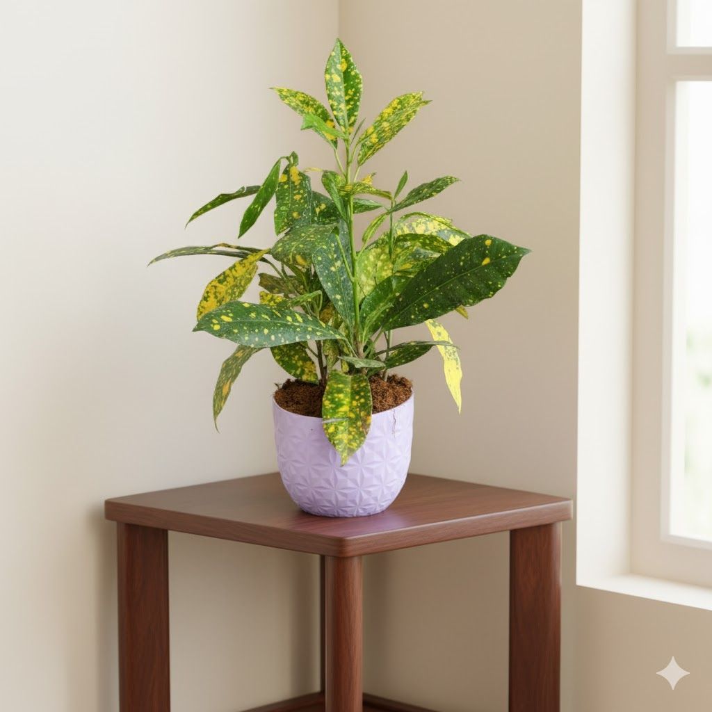 Gift Ready - Baby Croton in 4 Inch Purple Leafora Premium Plastic Planter - with Gift Bag