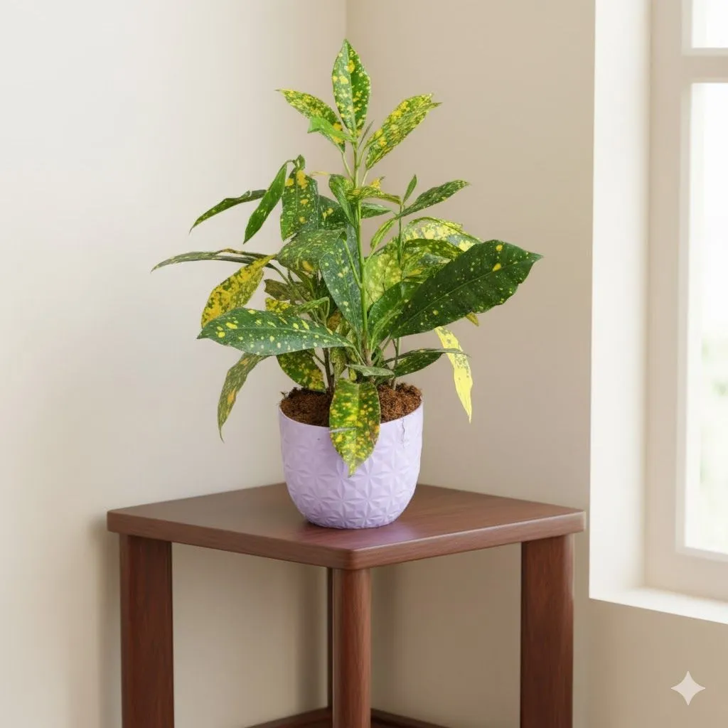 Gift Ready - Baby Croton in 4 Inch Purple Leafora Premium Plastic Planter - with Gift Bag