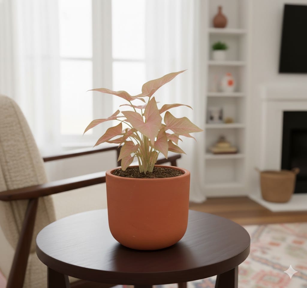 Gift Ready - Syngonium Pink Arrowhead in 4 inch Aaroh Maati Pot - Modern Curved Handcrafted Appeal - comes in a beautiful gifting bag