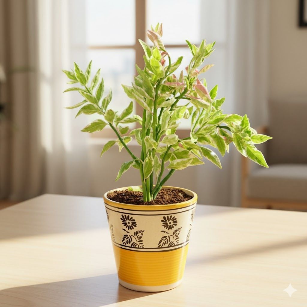 Pedilanthus / Devil's Backbone in 7 inch Yellow Black Flower Designer Balti Shaped Ceramic Pot