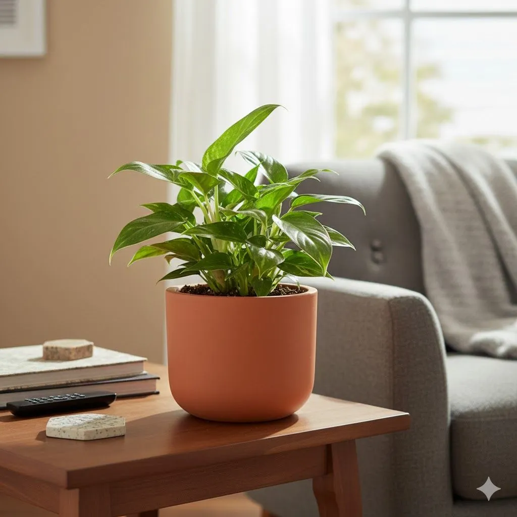 Money Plant Green in 4 inch Aaroh Maati Pot - Modern Curved Handcrafted Appeal