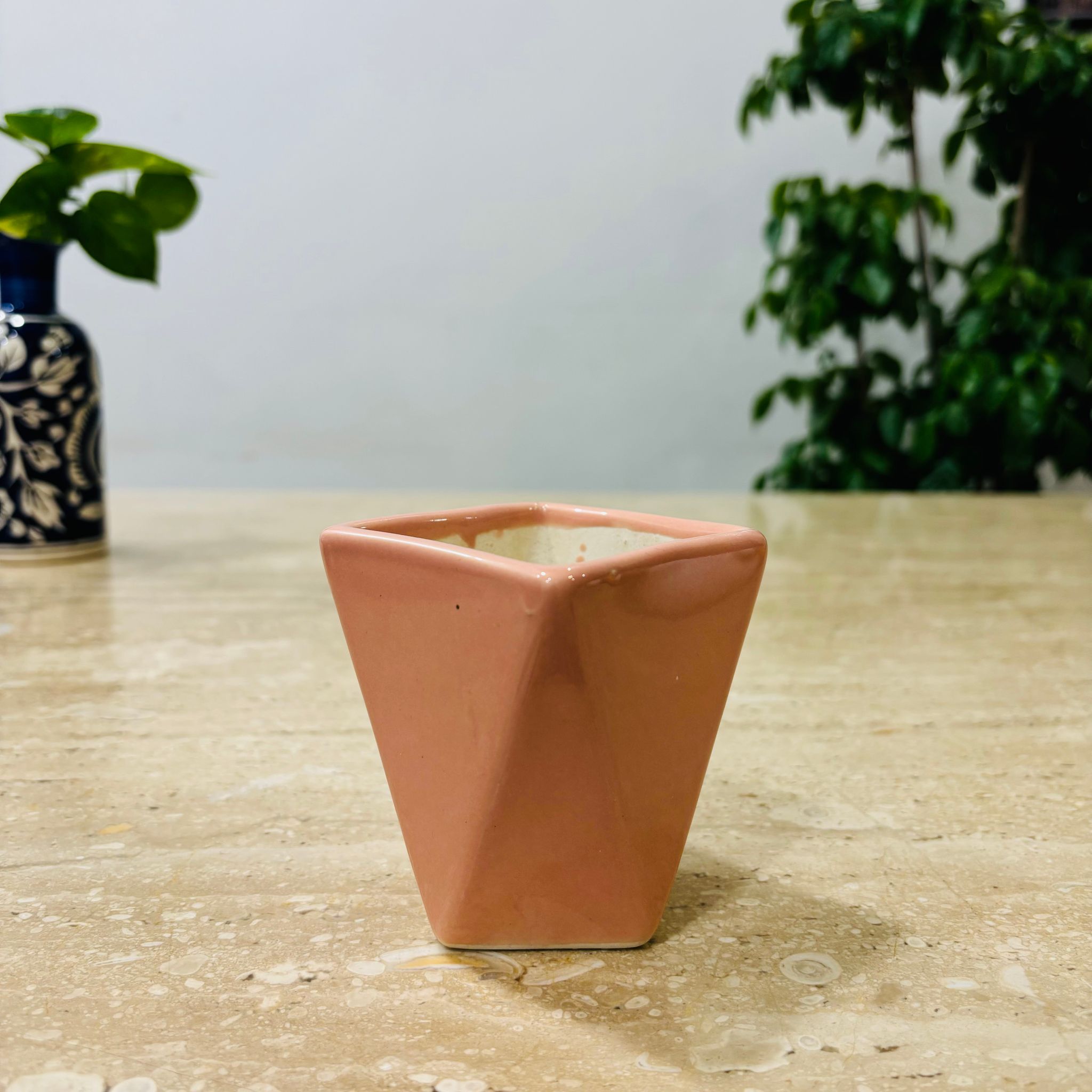 3 Inch Pink Mini Handmade Diamanti Ceramic Pot - Minimalist Glossy Succulent Pot, Indoor Flower Pot for Home and Office Decor