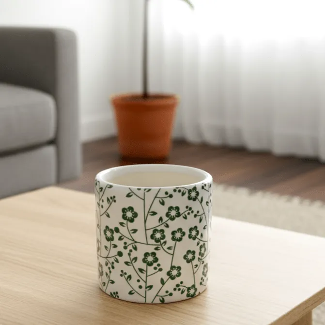 4 Inch White Handcrafted Green Floral Designer Cylindrical Ceramic Pot- Gloss Finish Indoor Plant Pot