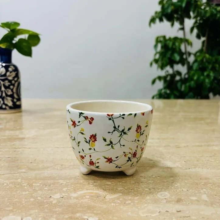 3 Inch White Three Legged Handcrafted Floral Cup Ceramic Pot- Gloss Finish Indoor Plant Pot