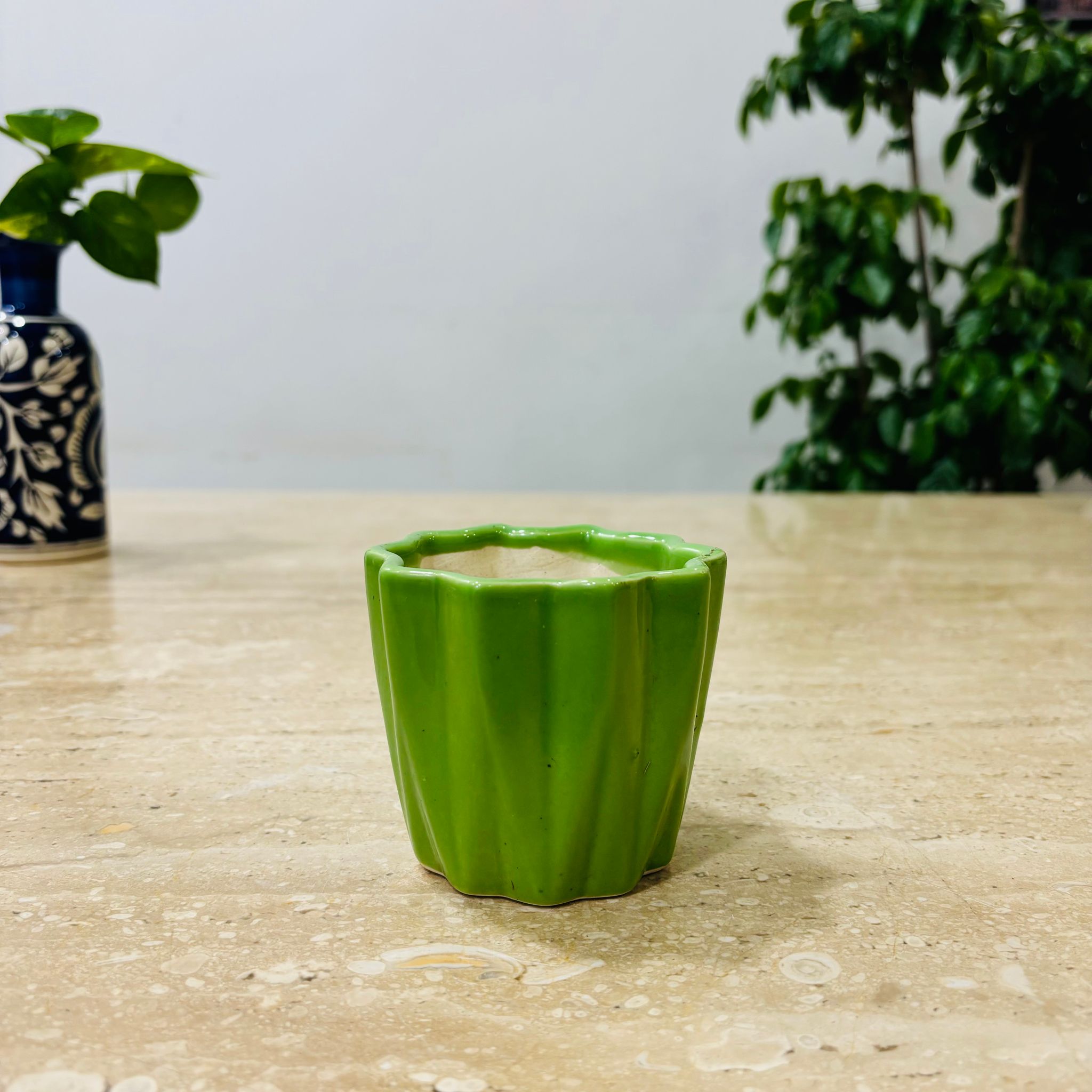 4 Inch Vibrant Green Ripple Designer Ceramic Pot - Minimalist Glossy Succulent Pot, Indoor Flower Pot for Home and Office D cor