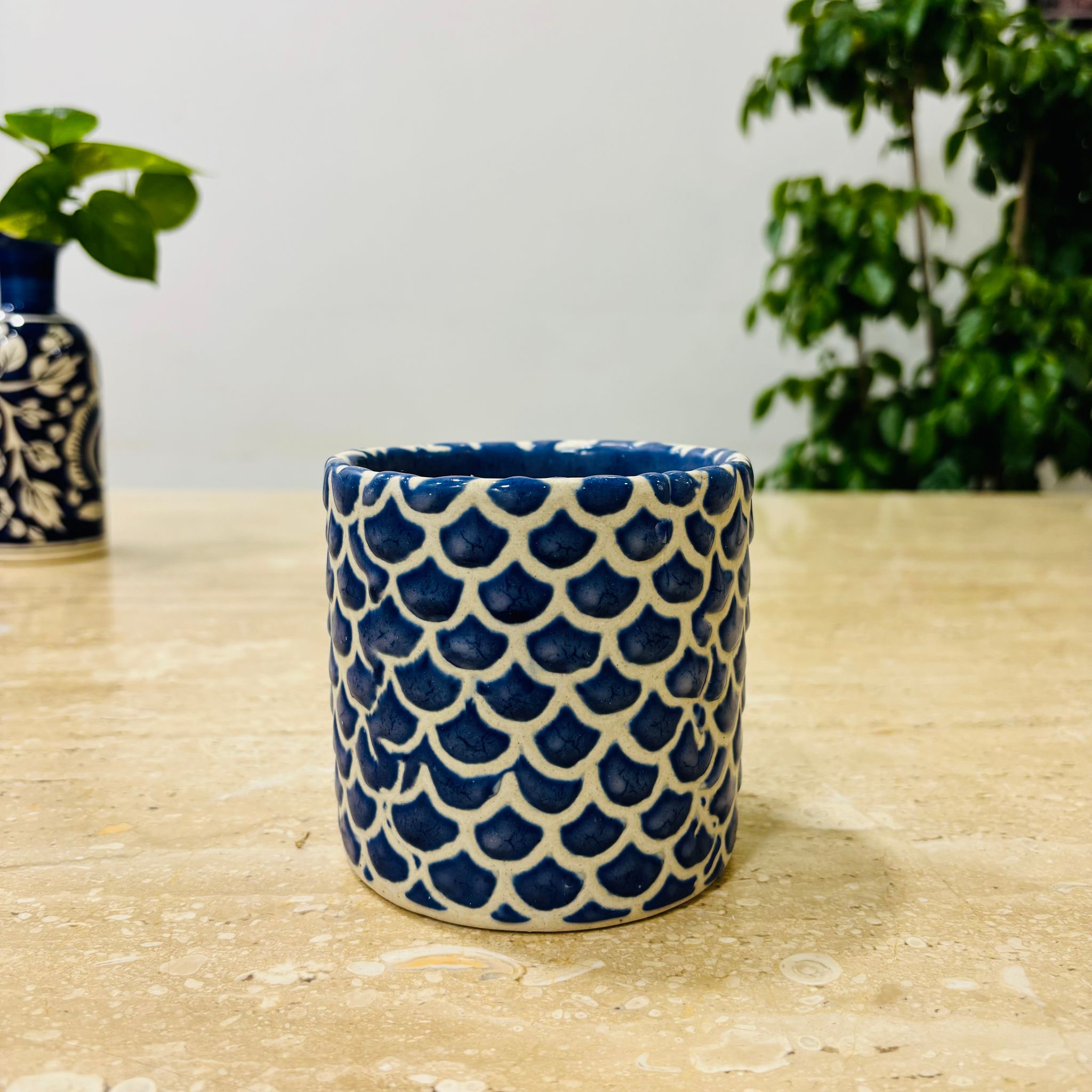 4 Inch Blue Fish scale Textured Cylindrical Ceramic Pot - Minimalist Glossy Succulent Pot