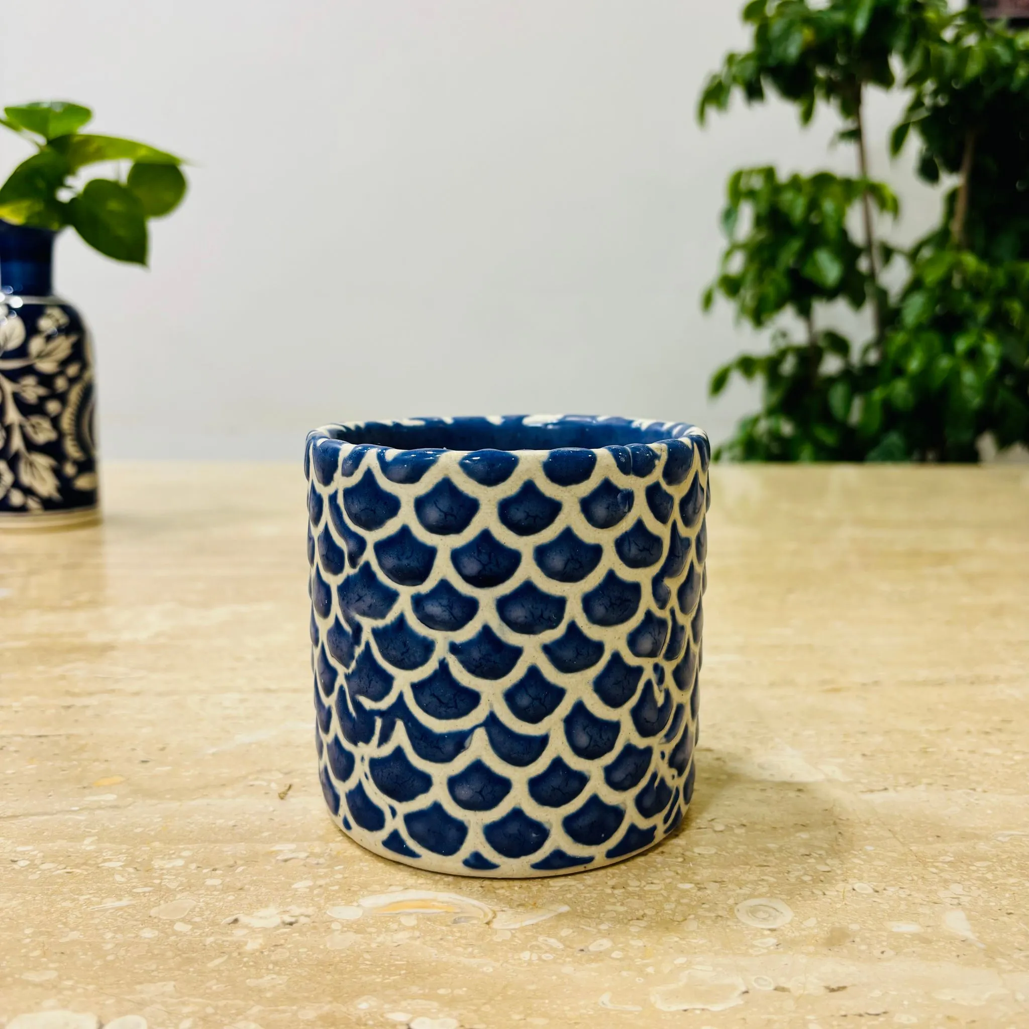 4 Inch Blue Fish scale Textured Cylindrical Ceramic Pot - Minimalist Glossy Succulent Pot