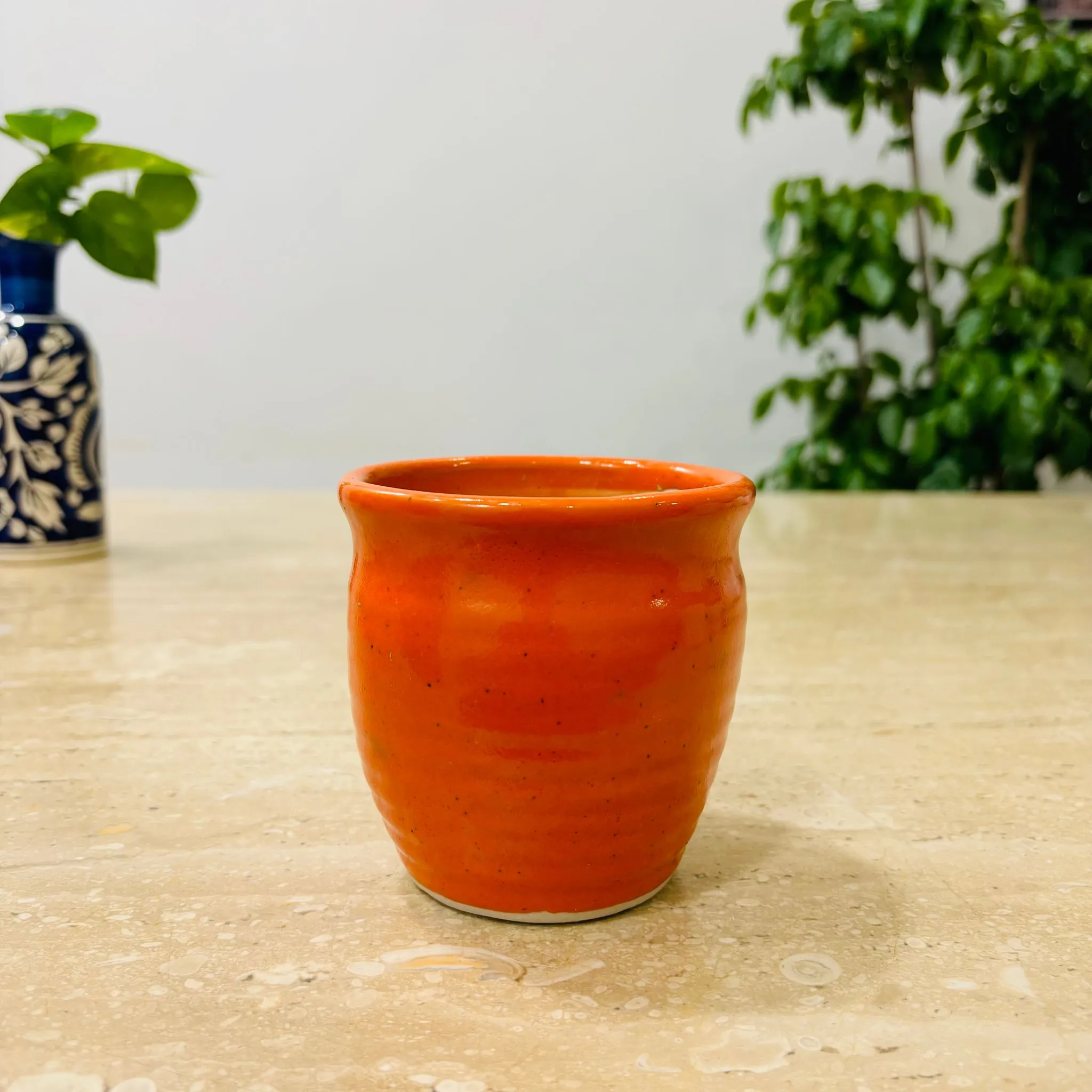 4 Inch Orange Designer Kulhad Shaped Ceramic Pot - Minimalist Glossy Succulent Pot, Indoor Flower Pot for Home and Office D?cor