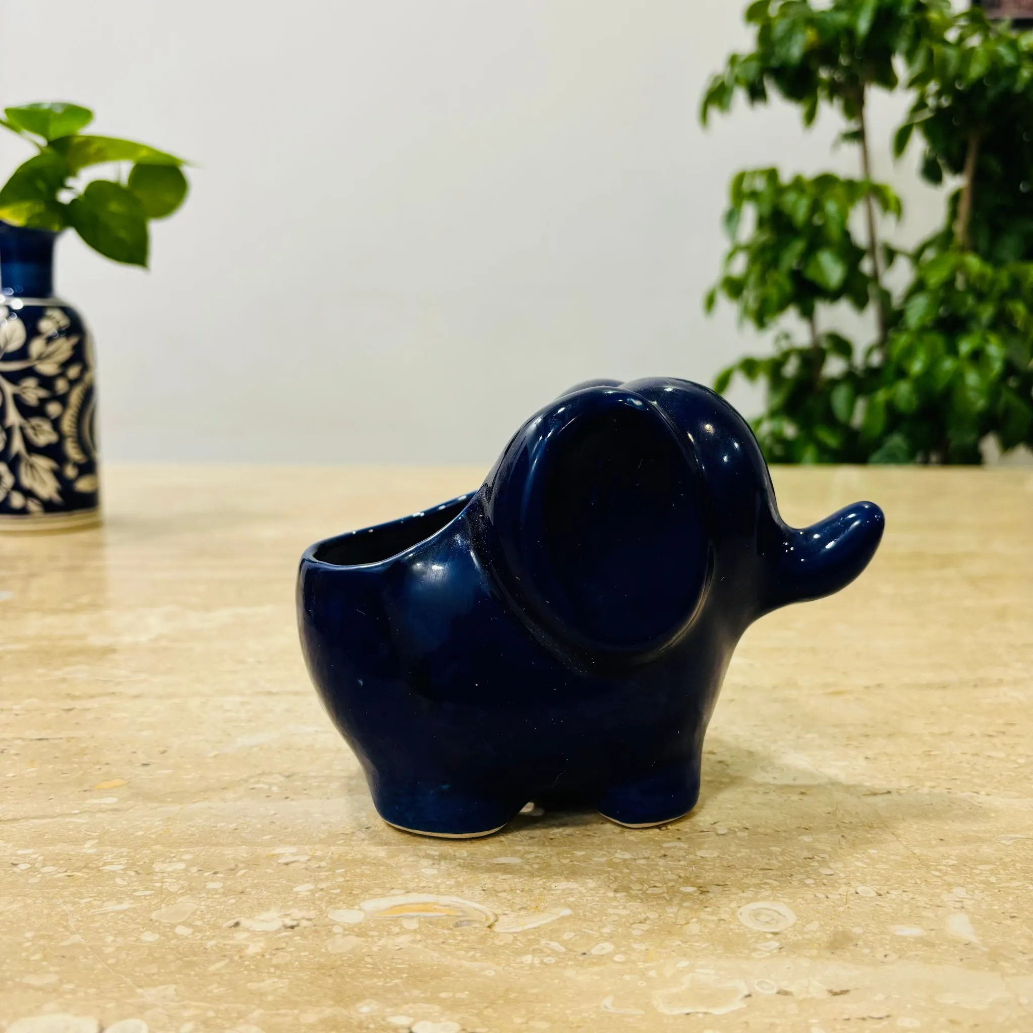4 Inch Cute Designer Blue Textured elephant Shaped Ceramic Pot - Minimalist Glossy Succulent Pot, Indoor Flower Pot for Home and Office D cor