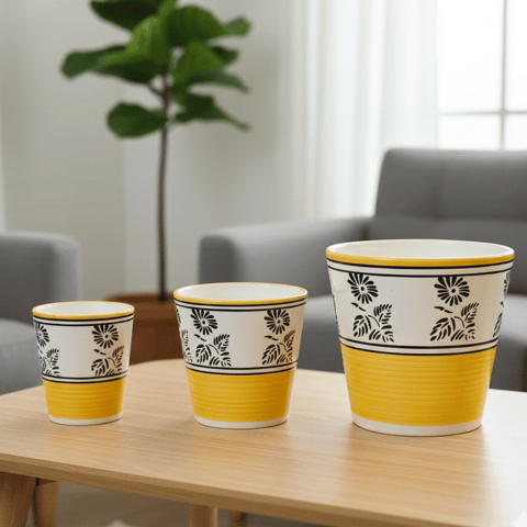 Set of 3 - (5.25 & 7) Inch Yellow Black Flower Designer Balti Shaped Ceramic Pots