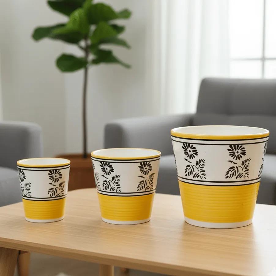 Set of 3 - (5.25 & 7) Inch Yellow Black Flower Designer Balti Shaped Ceramic Pots