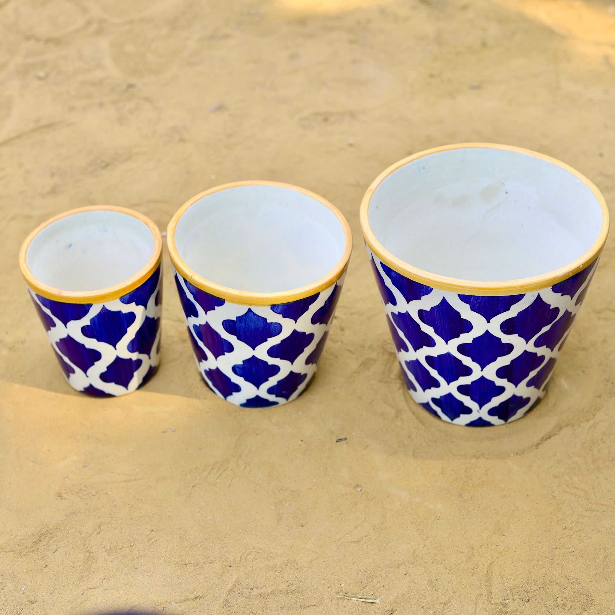 Set of 3 - (5.25, 6 & 7) Inch Blue Moroccan Designer Balti Shaped Ceramic Pots