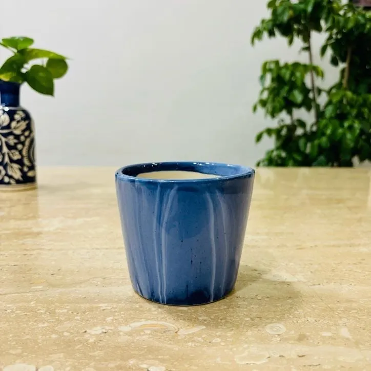 4 Inch Blue Marble Painted Cylindrical Ceramic Pot- Gloss Finish Indoor Plant Pot