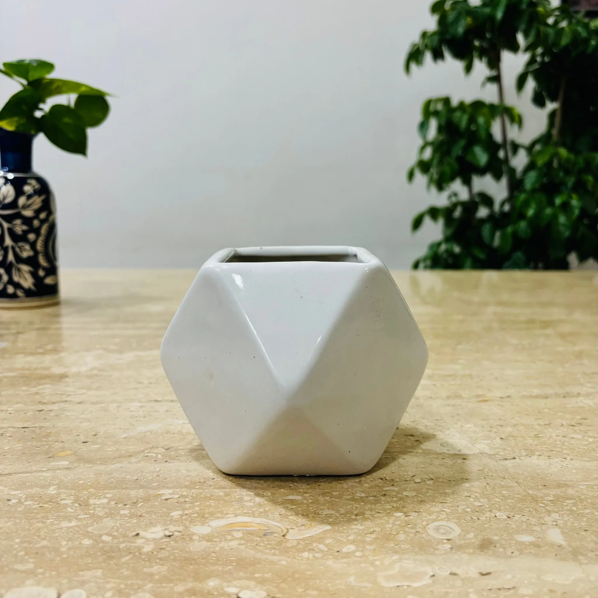 4 Inch Classy White Diamond Shape Ceramic Pot - Minimalist Glossy Succulent Pot, Indoor Flower Pot for Home and Office D cor