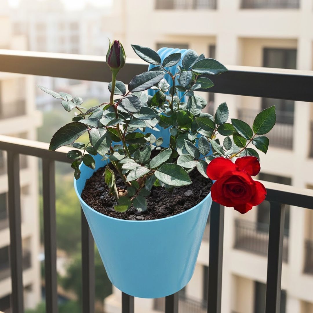 Red Rose Plant in 8 Inch Blue Marble Single Hook Hanging Plastic Pot
