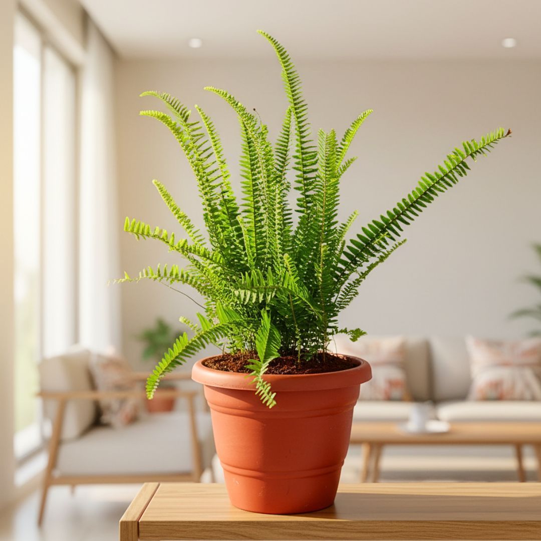 Fern Green in 8 Inch Terracotta Red Classy Plastic Pot
