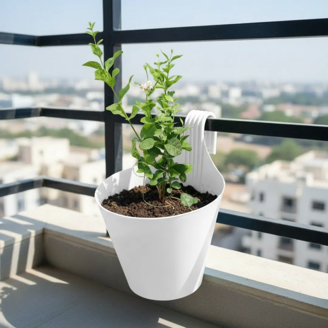Mogra / Jasmine Pune in 8 Inch White Single Hook Hanging Plastic Pot