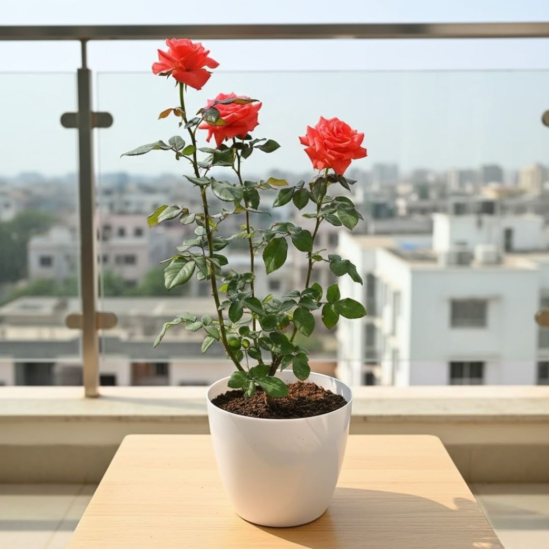 Rose Orange in 7 Inch Elegant White Plastic Pot